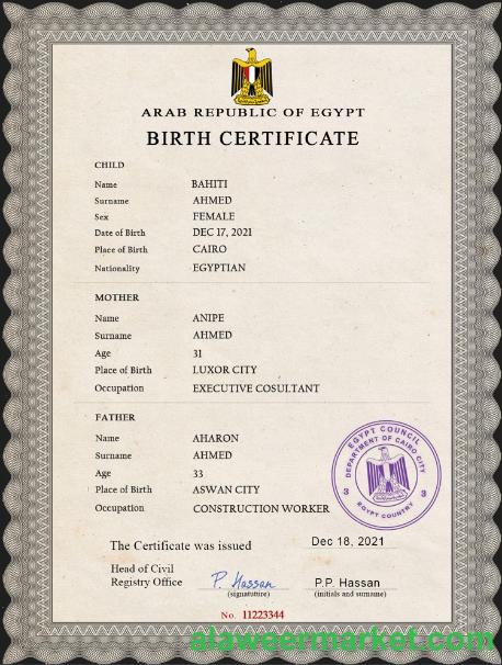 Egypt vital record birth certificate PSD template